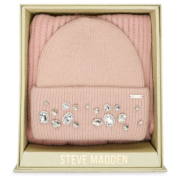 Steve Madden Women\'s Embellished Beanie and Knit Scarf Holiday Gift Set, 2-Piece
